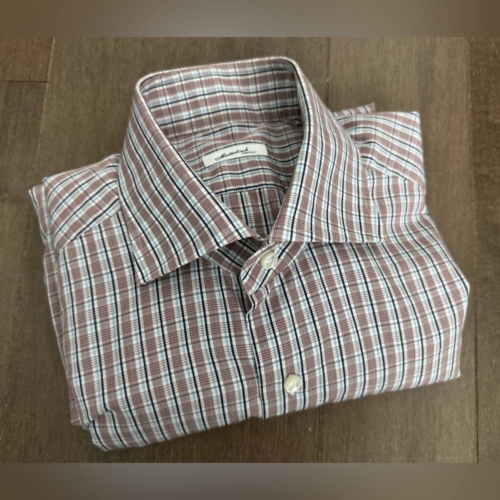Mattabisch Napoli - Men's Brown Blue White Plaid Shirt (15.75, 40)